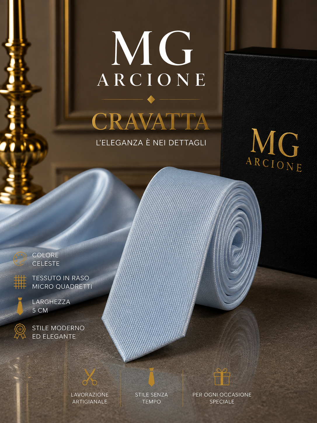 Cravatta 5cm Raso Quadretti Celeste