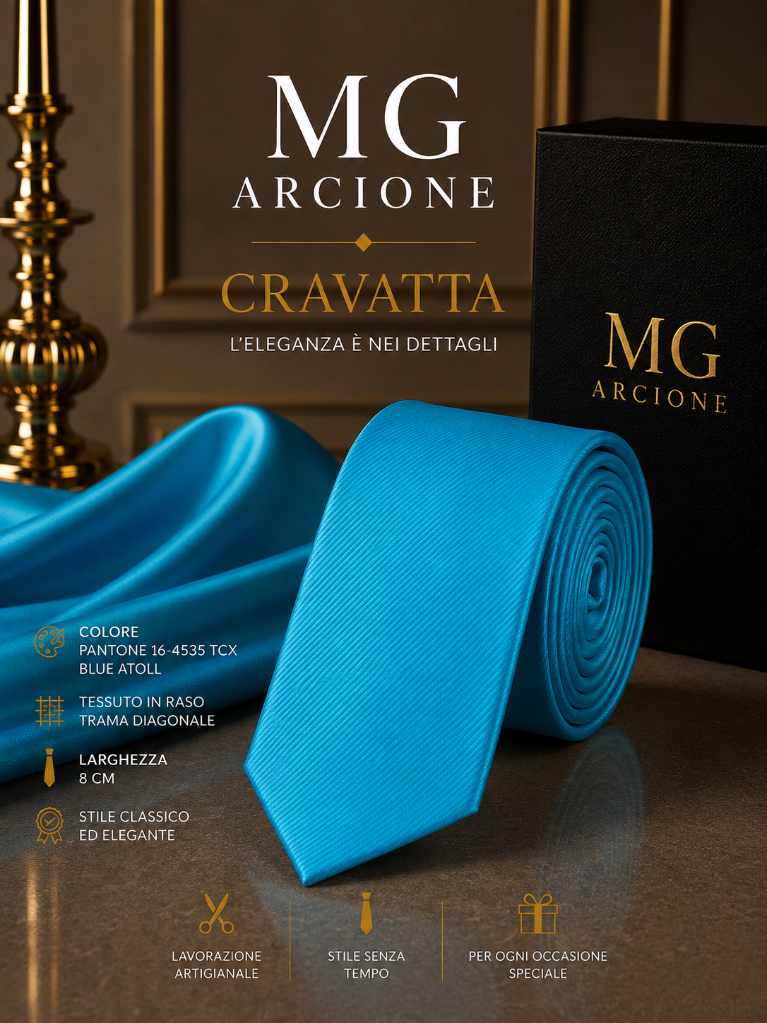 Cravatta 8cm Raso Trama Diagonale Blue Atoll