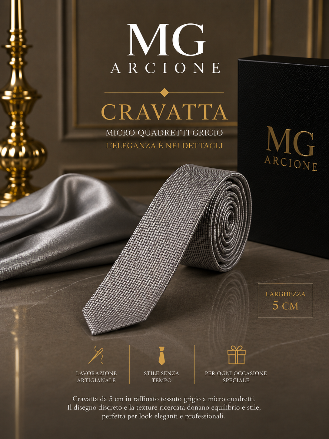 Cravatta 5cm Raso Quadretti Grigio