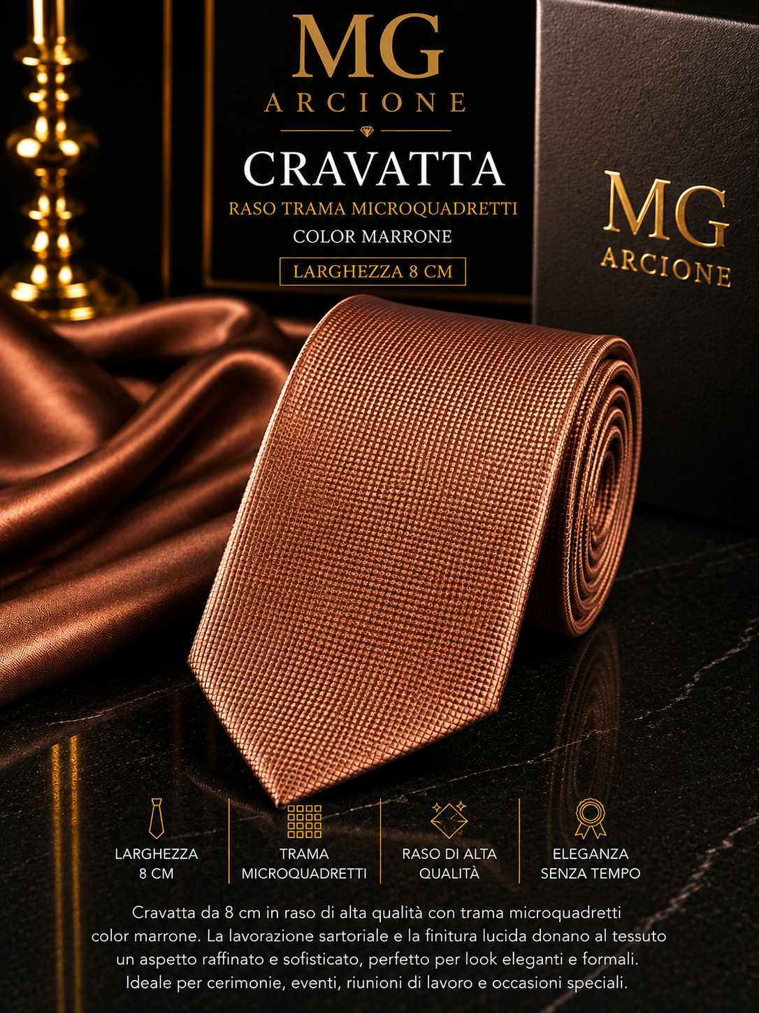 Cravatta 8cm Raso Quadretti Bronzo