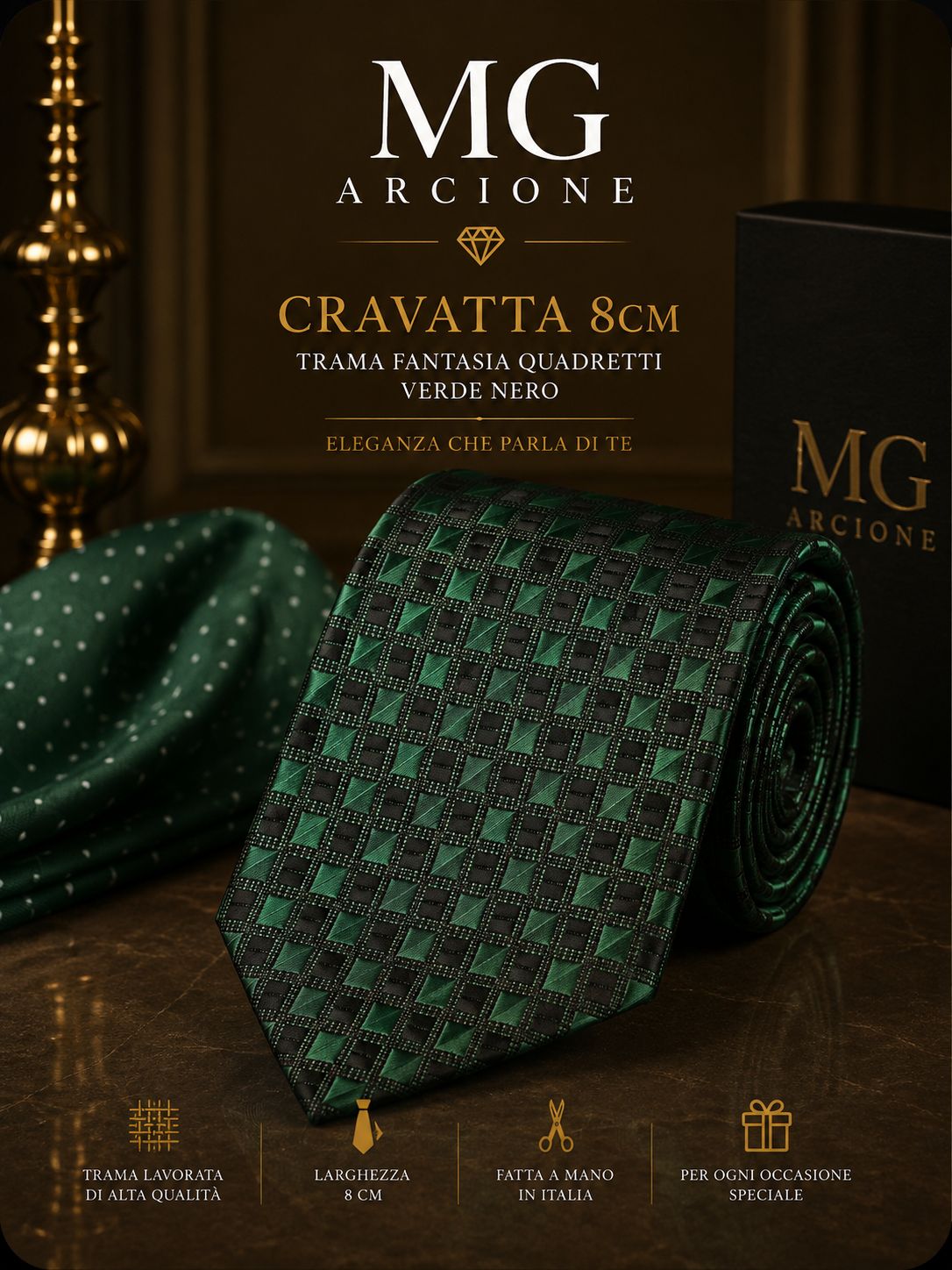 Cravatta 8cm Raso Fantasia con Quadretti Verde e Nero