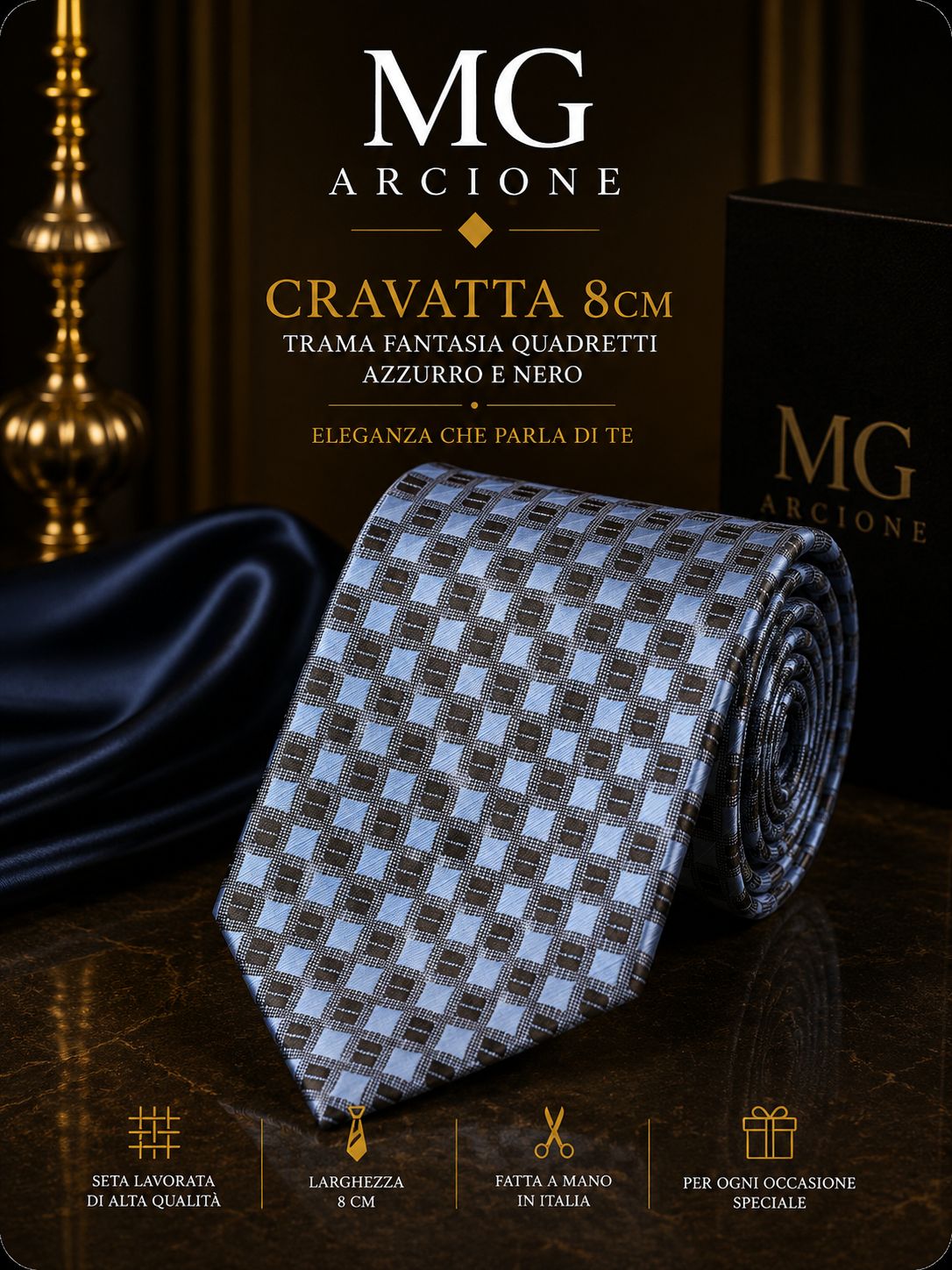 Cravatta Fantasia Quadretti Neri e Blu 8cm