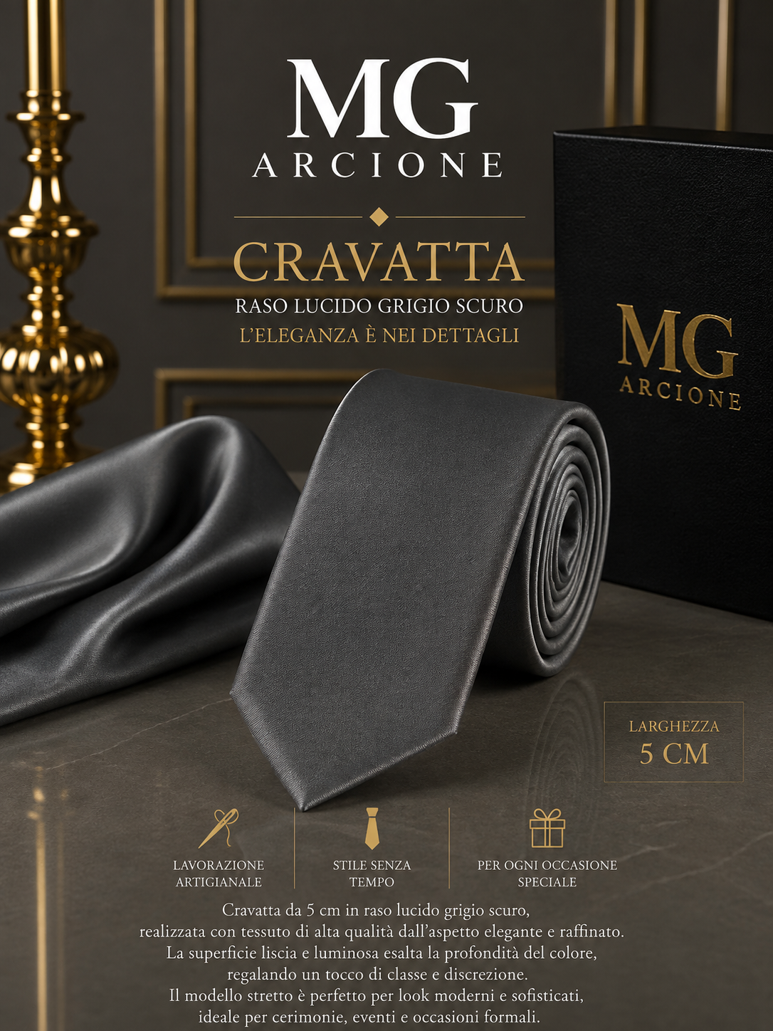 Cravatta 5cm Raso Lucido Grigio Scuro