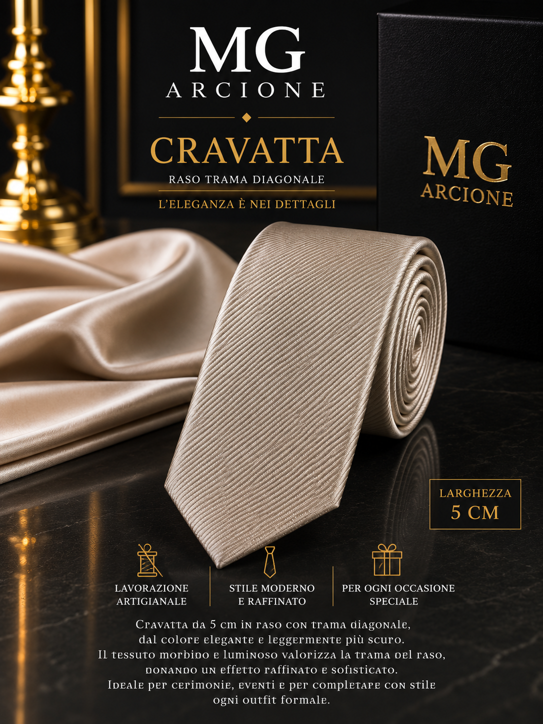 Cravatta 5cm Raso Trama Diagonale Oro Antico