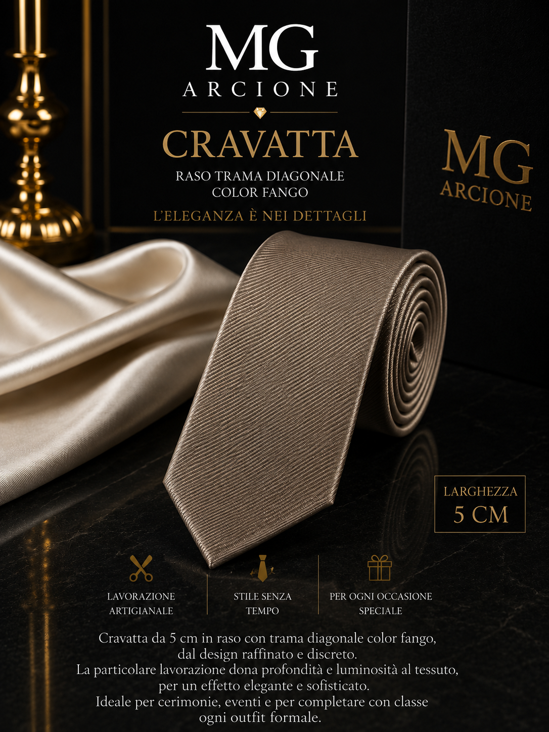 Cravatta 5cm Raso Trama Diagonale Tortora