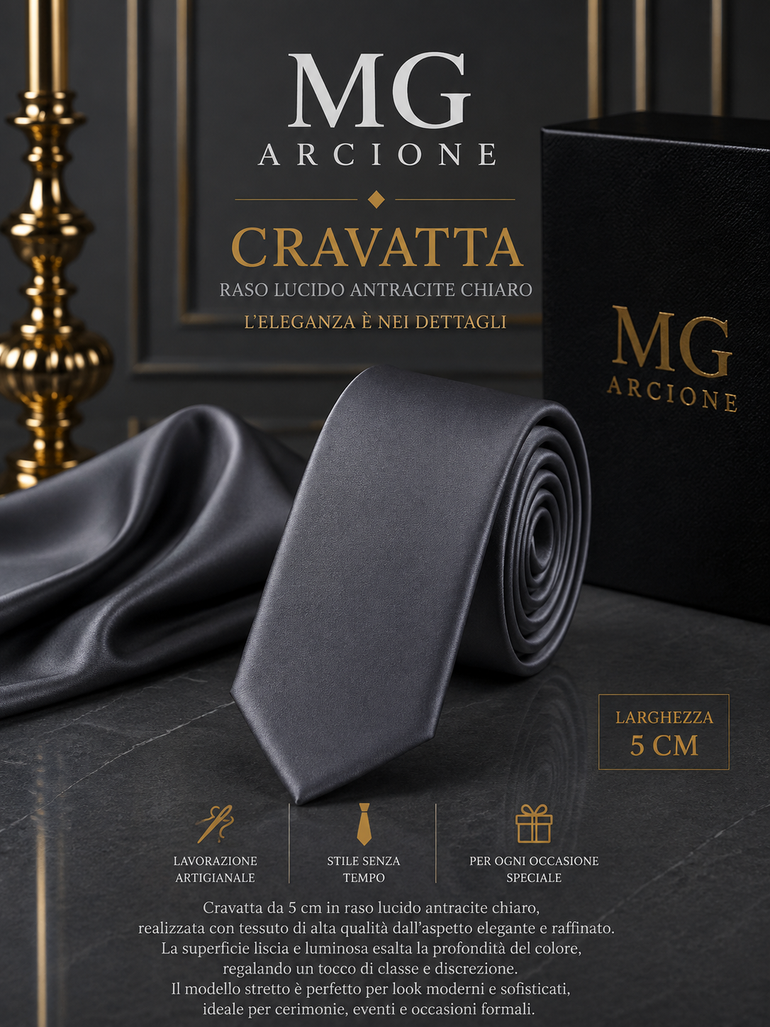 Cravatta 5cm Raso Lucido Antracite