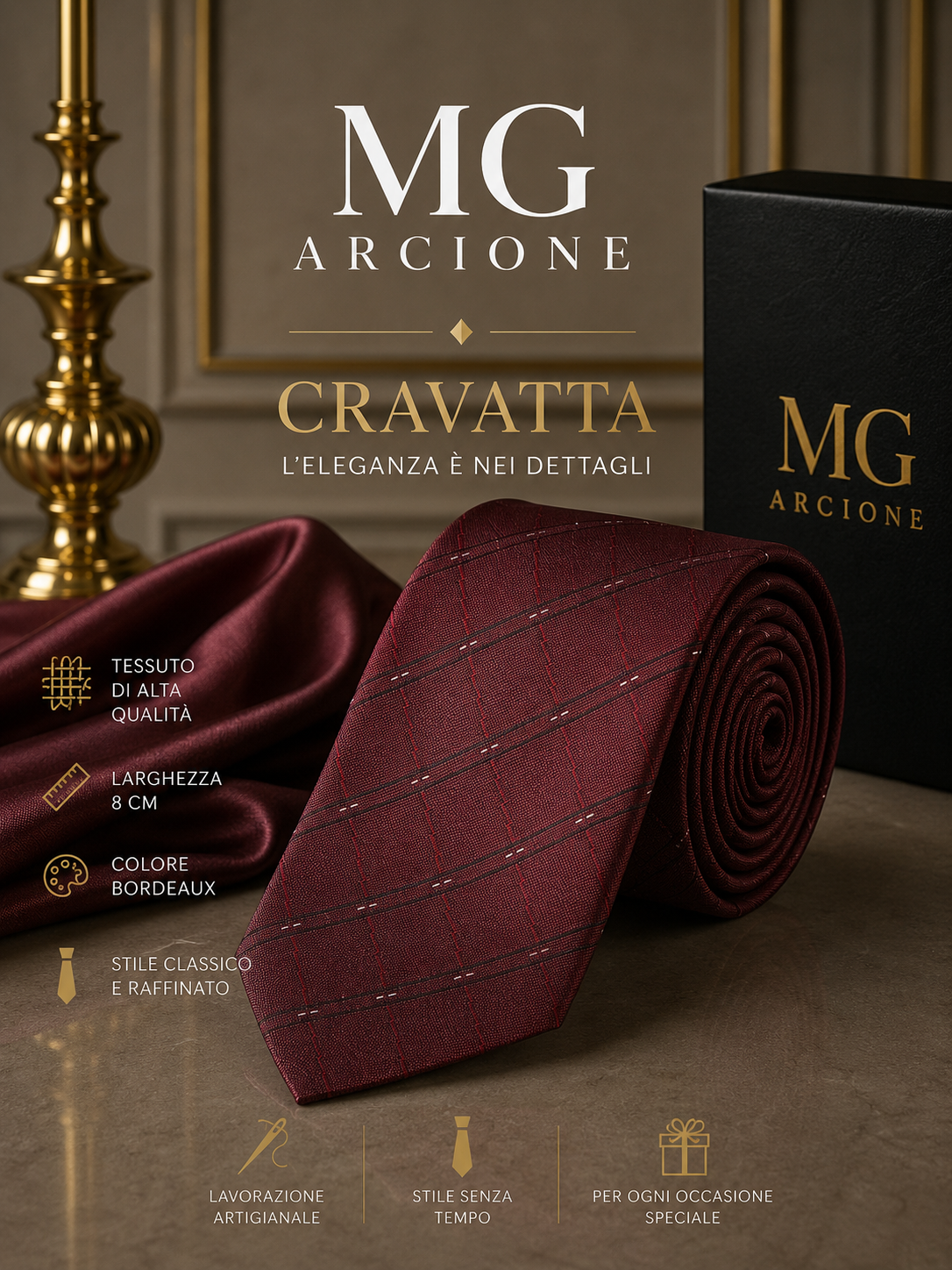 Cravatta 8 cm Bordeaux Quadrati
