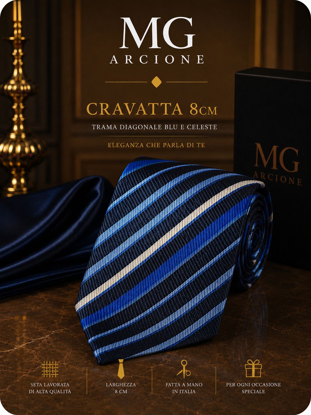 Cravatta 8cm Raso Righe Diagonali Blu e Celeste