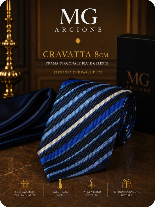 Cravatta 8cm Raso Righe Diagonali Blu e Celeste