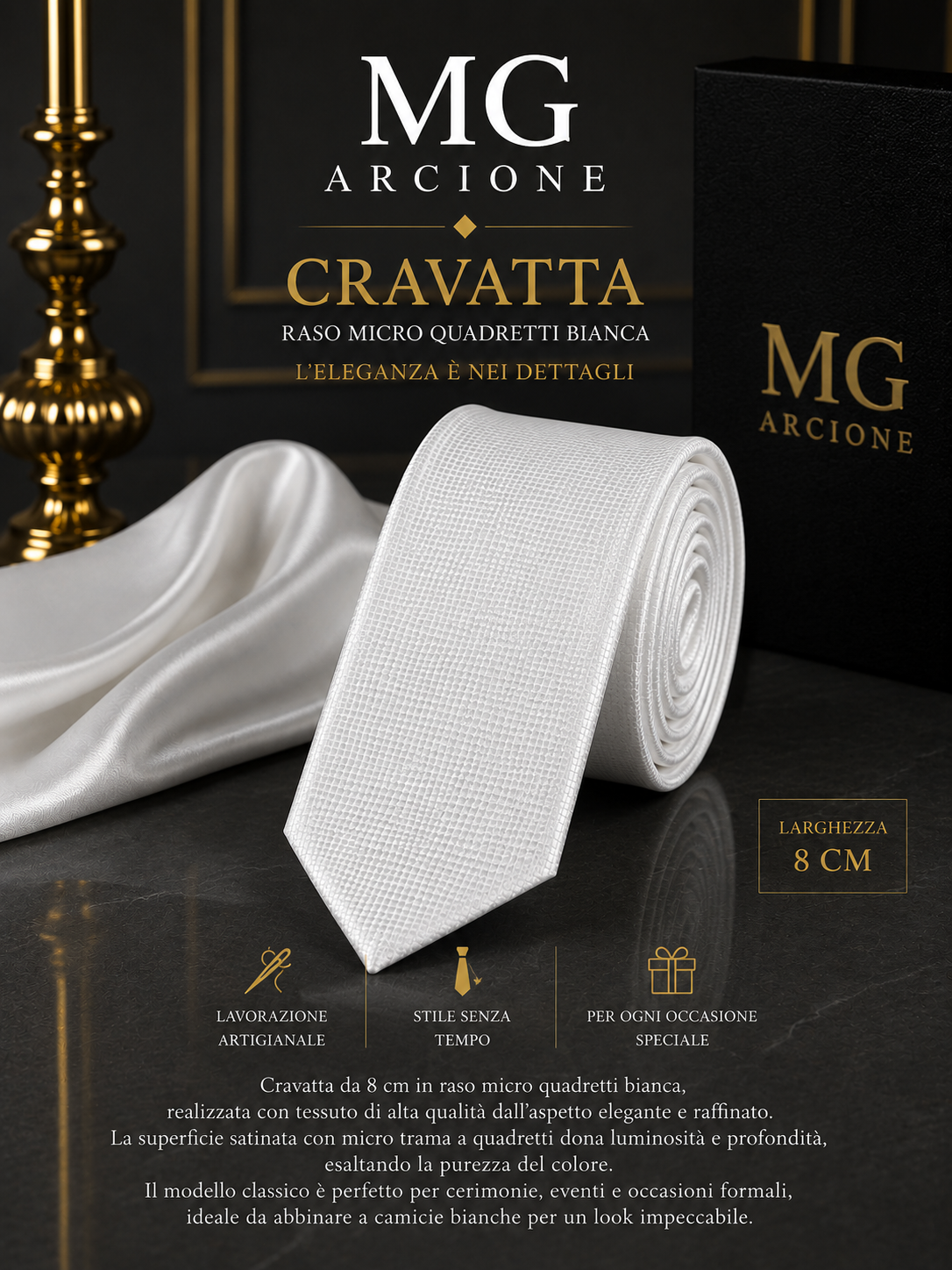Cravatta 8cm Raso Quadretti Bianca