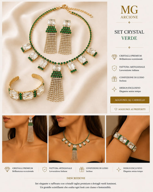 Completo Bracciale Orecchini e Collier Ischia Crystal e Verde Scuro
