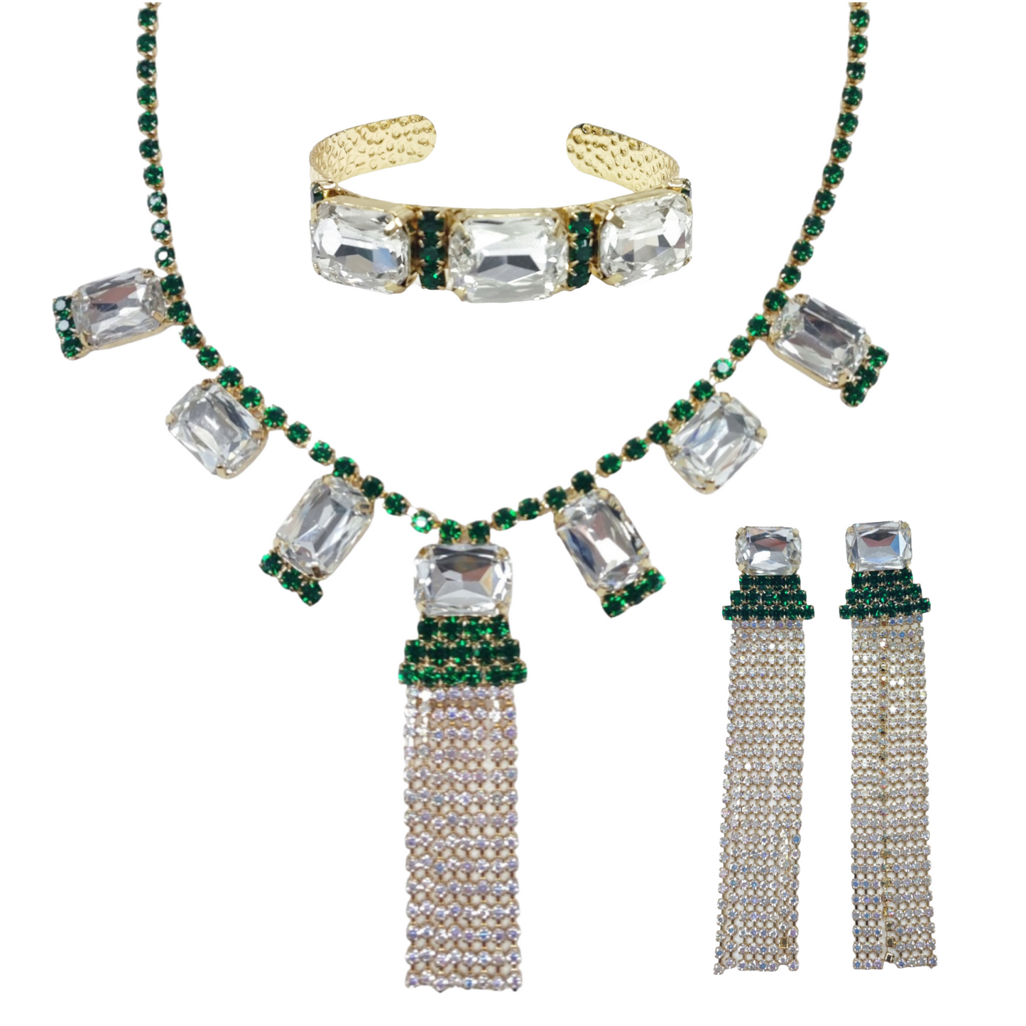 Completo Bracciale Orecchini e Collier Ischia Crystal e Verde Scuro