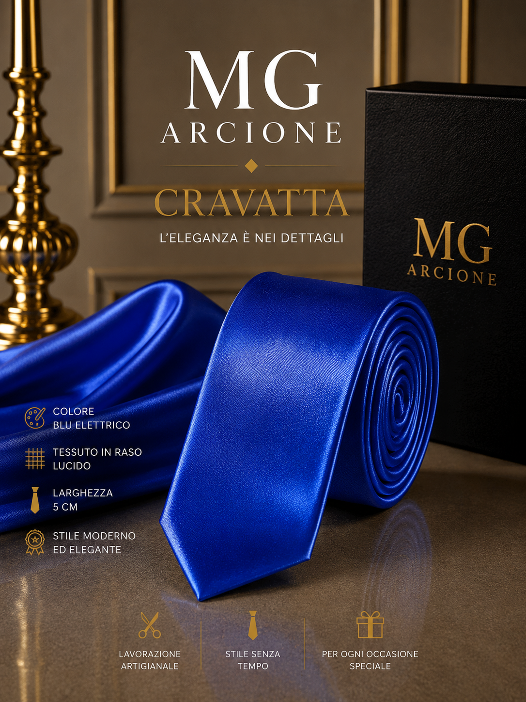 Cravatta 5cm Raso Lucido Blu Elettrico