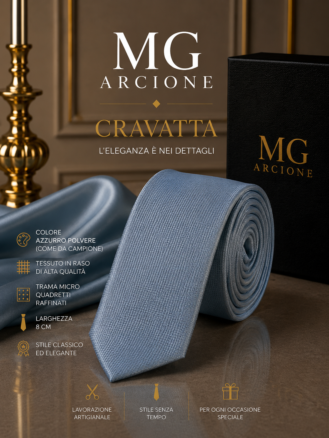Cravatta 8cm Raso Quadretti Azzurro Polvere