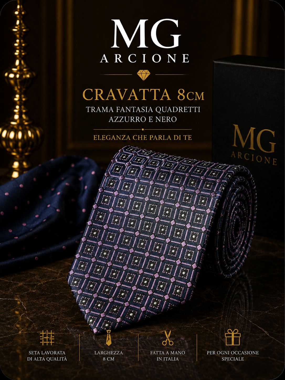 Cravatta 8cm Raso Fantasia Quadretti Viola e Blu