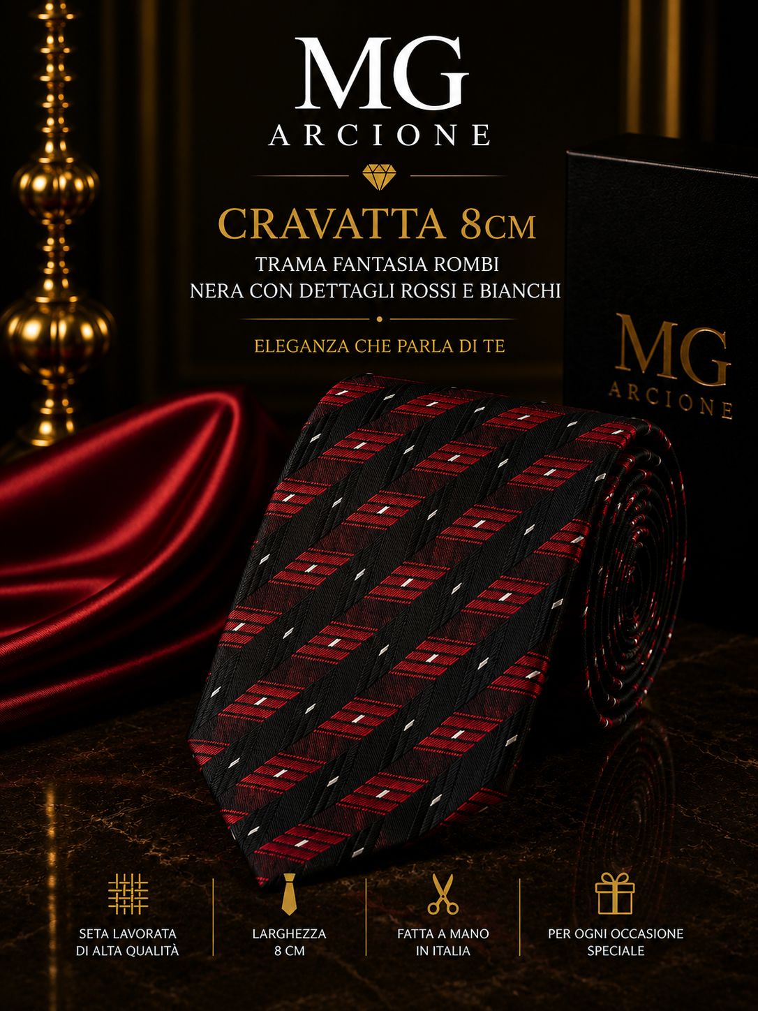 Cravatta 8cm Raso Trama Fantasia Rombi Nera e Bordeaux