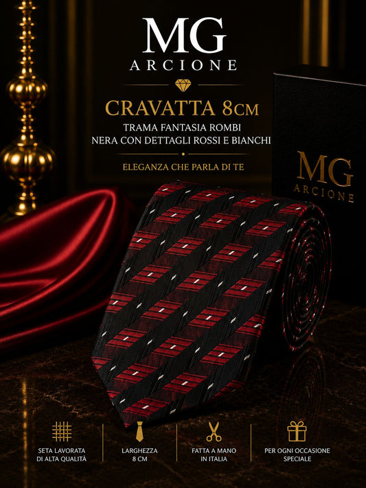 Cravatta 8cm Raso Trama Fantasia Rombi Nera e Bordeaux