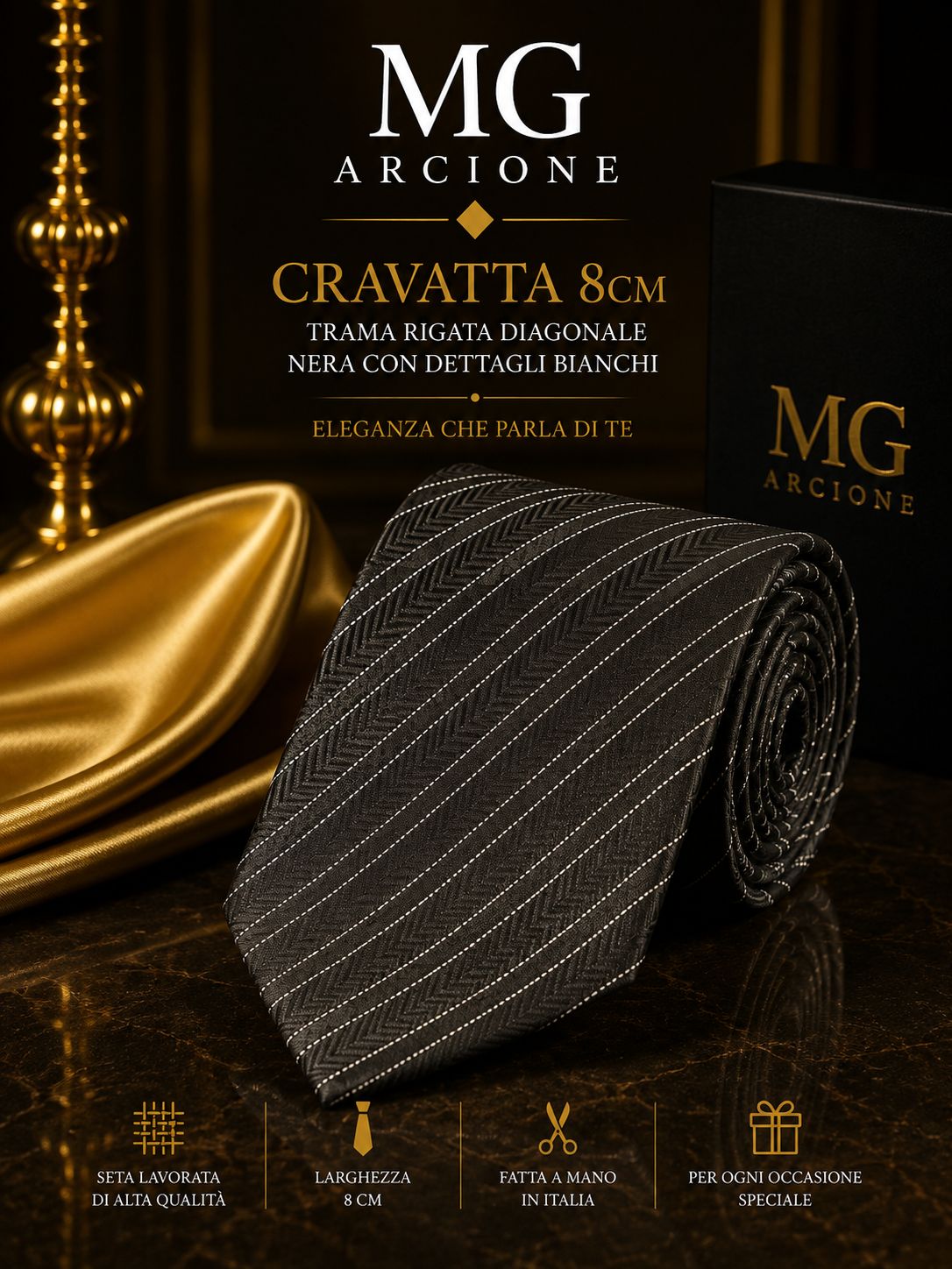Cravatta 8cm Raso Trama Rigata Nera