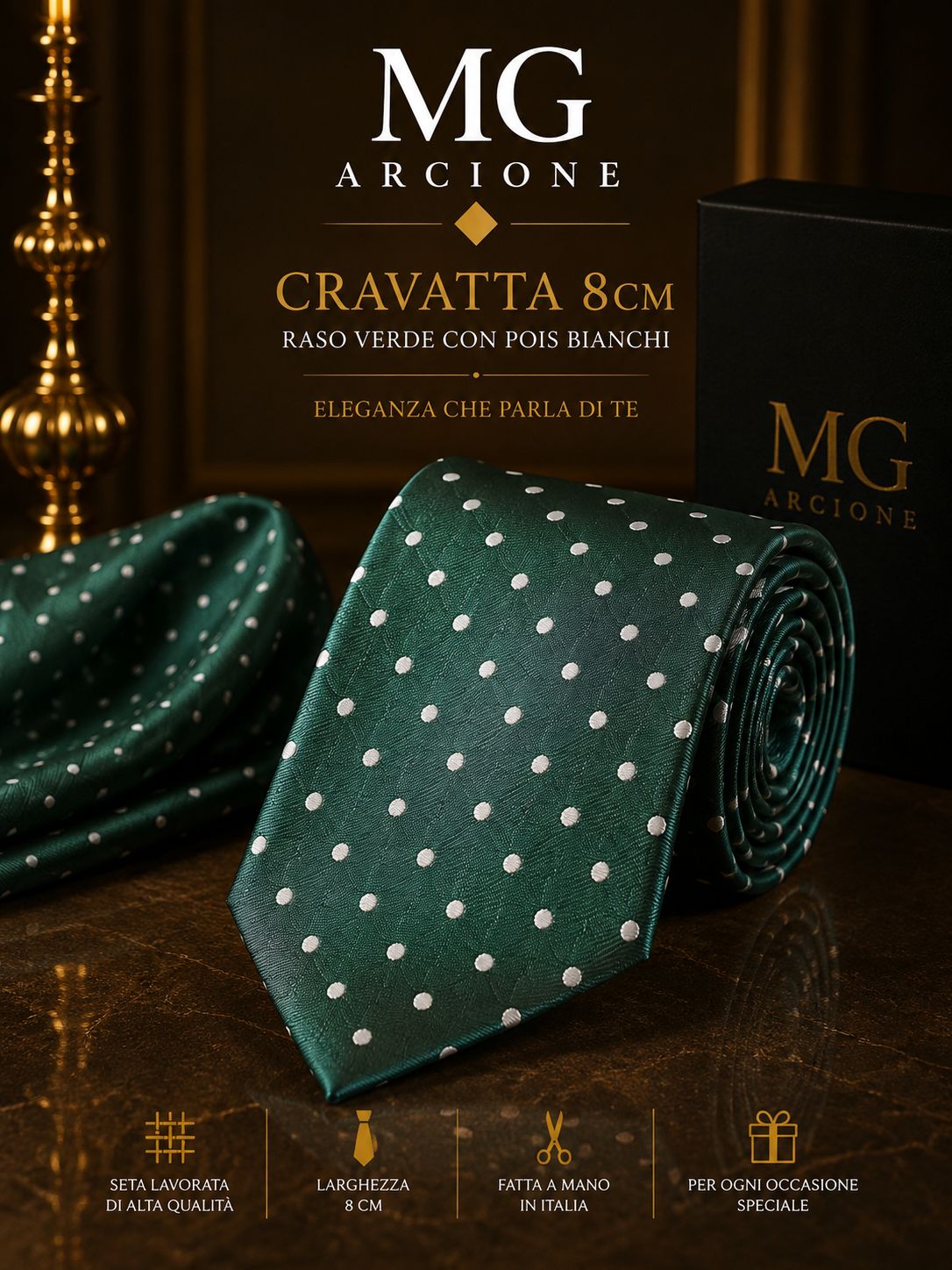 Cravatta 8cm Raso Verde e pois bianchi
